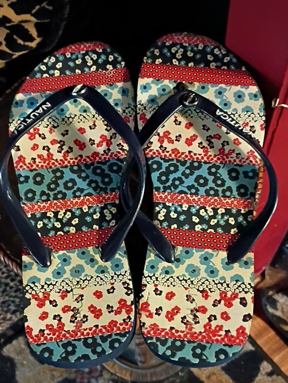 Nautica Girls Navy Red Blue Floral Stripe Flip Flops